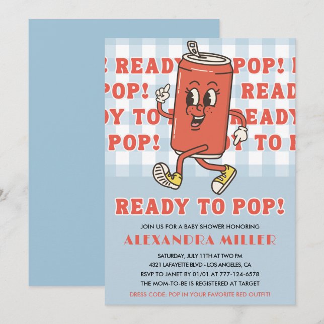 Convite She's Ready to Pop Baby Shower Retro Blue Gingham (Frente/Verso)