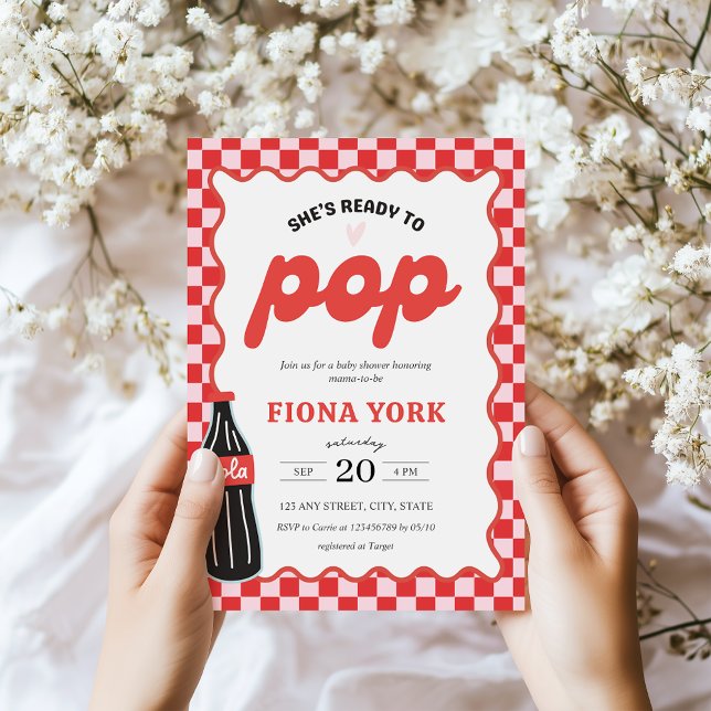 Convite She's Ready to Pop Retro Soda Red Pink Baby Shower (She's Ready to Pop Baby Shower Invitation)