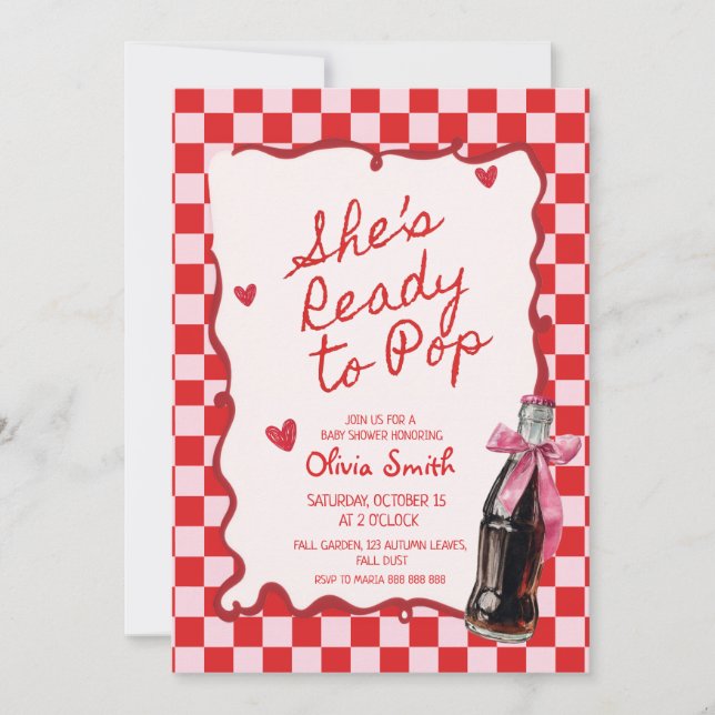 Convite  She's Ready to Pop Soda pink & red Baby Shower  (Frente)