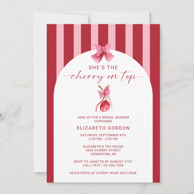 Convite She's the Cherry on Top Bridal Shower QR Registry (Frente)