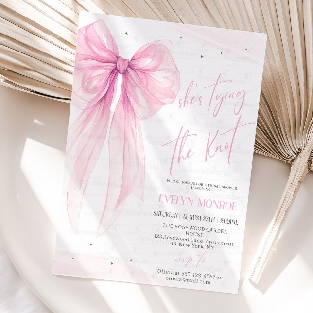 Convite She's tying the knot Bridal shower Bow pink (She's tying the knot Bridal shower invitation Editable Bachelorette Party Invite Bow Modern Brunch P)