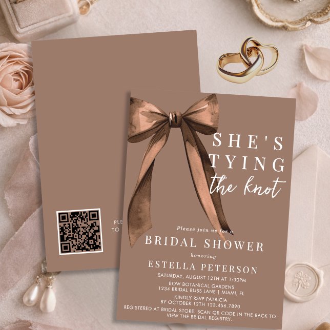Convite She's Tying The Knot Brown QR Code Bridal Shower (Criador carregado)
