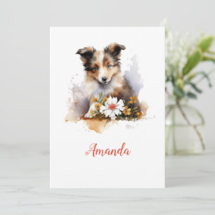 Convite Shetland Sheepdog Puppy Pet Watercolor Fllower
