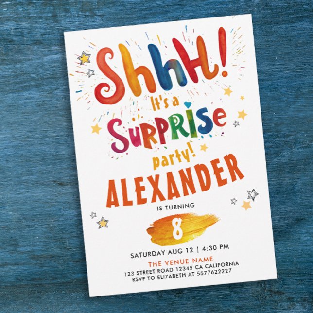 Convite Shh Surpresa Divertida Colorida Birthday Watercolo (Criador carregado)