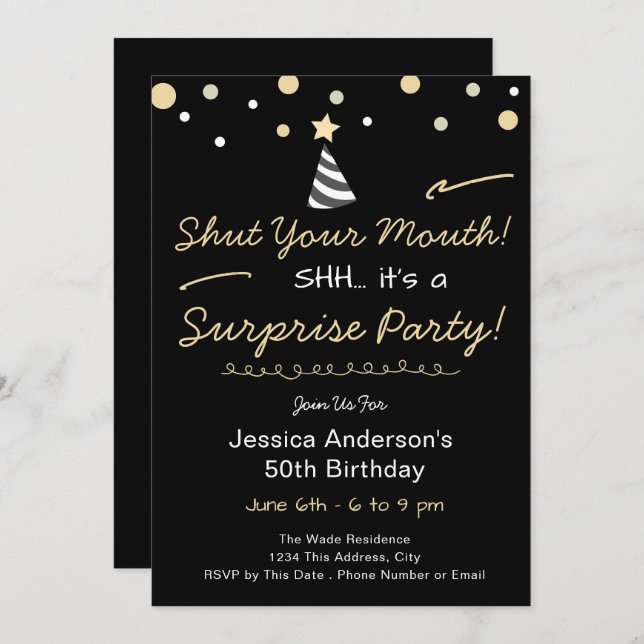 Convite Shh Surprise Birthday Party (Frente/Verso)