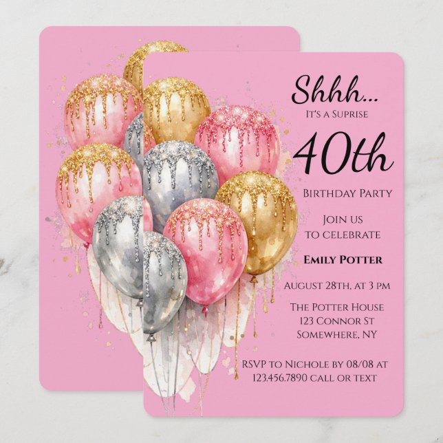 Convite Shh Surprise Birthday Party in Pink Silver & Gold (Frente/Verso)
