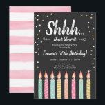 Convite Shhh é uma festa de aniversário Dourado dos<br><div class="desc">Convite pastel macio do ★ A para sua festa de aniversário perfeita da surpresa! As cores pastel, o ouro, os confetes e as velas bonitos couberam todo o estilo do partido! O ★ se você precisa que coordena ARTIGOS de HARMONIZAÇÃO, verifica por favor nossa coleção de harmonização ou compra. Você...</div>