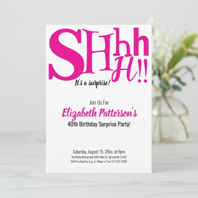 Convite Shhh É uma Festa de aniversário surpresa 40 Adulto (Em pé/Frente)