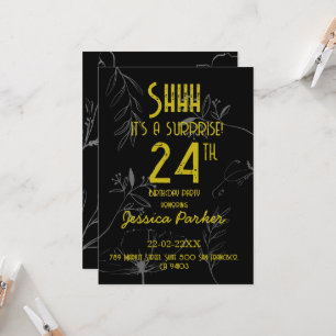 Convite Shhh É uma Surpresa de Aniversário Preto e Dourado