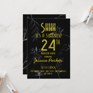 Convite Shhh É uma Surpresa de Aniversário Preto e Dourado