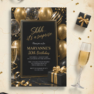 Convite Shhh É uma Surpresa Preto Ouro 50º Aniversário