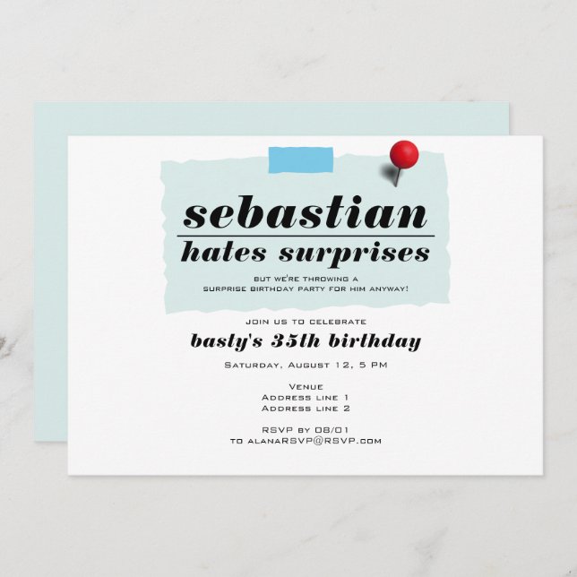 Convite Shhh! Engraçado Odeia Surpresas Festas de aniversá (Frente/Verso)