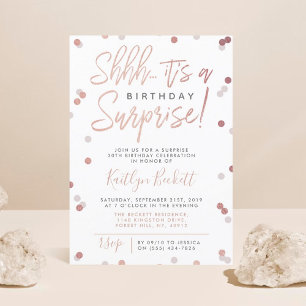 Convite Shhh... Surpresa Aniversário Rosa Gold Foil Confe