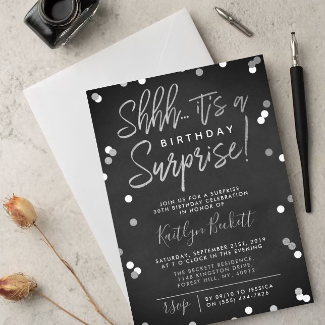 Convite Shhh.. Surpresa Aniversário Silver Foil Confetti (Criador carregado)