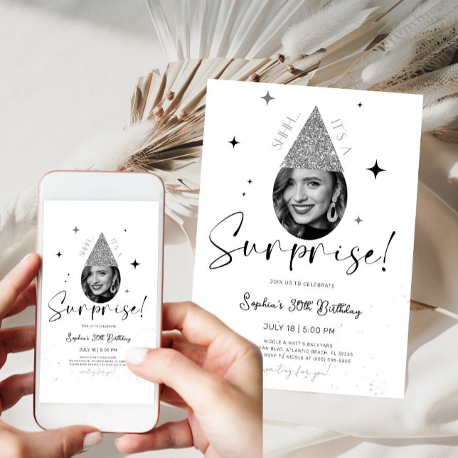 Convite Shhhh Surprise Birthday Invitation with Photo (Criador carregado)