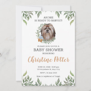 Convite Shih Tzu Dog Puppy Greenery Boho Chá de fraldas
