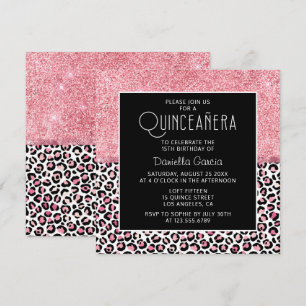 Convite Shimmer de Impressão Leopardo Rosa Cinceañera