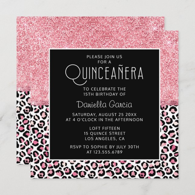 Convite Shimmer de Impressão Leopardo Rosa Rosa Cinceañera (Frente/Verso)