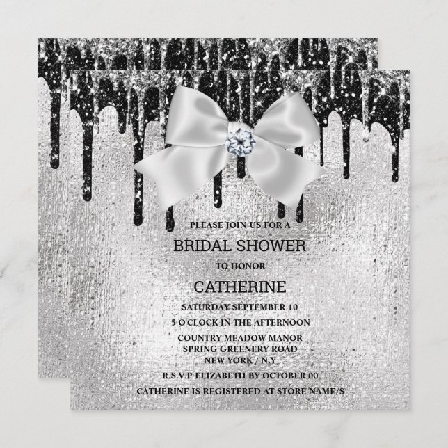 Convite Shimmer de losango preto de prata acende luxuosa (Frente/Verso)