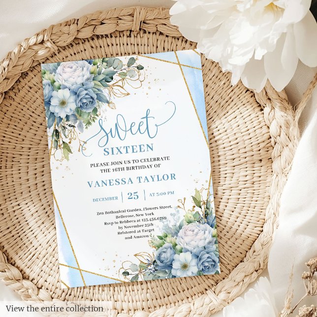 Convite Shimmer Dusty Brancos Brancos Doce 16 Convidados (Shimmer Dusty Blue White Peonies Sweet 16 Invitation)