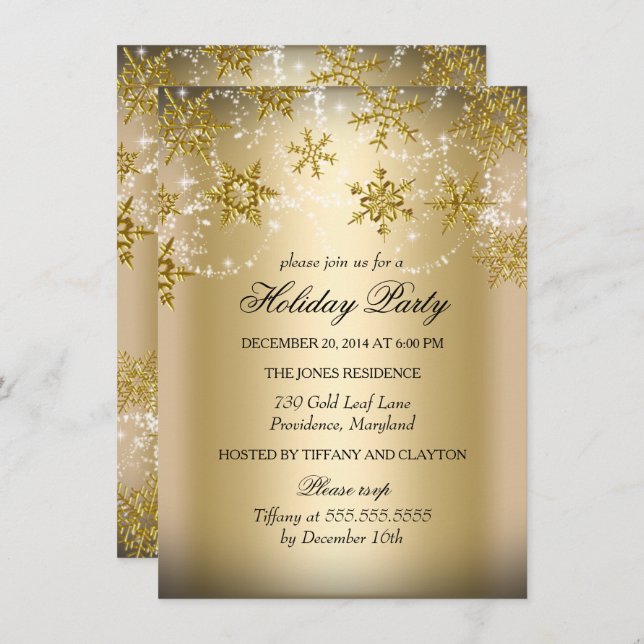 Convite Shimmer Snowflake Festa de Natal Dourada (Frente/Verso)