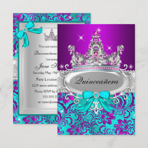 Convite Shimmer Tiara Quinceanera, Teal Roxo