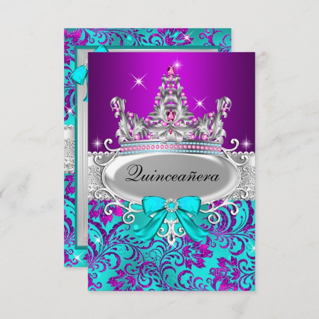 Convite Shimmer Tiara Quinceanera, Teal Roxo (Frente/Verso)