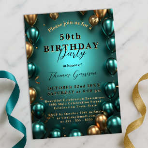 Convite Shimmering Teal e Dourados Balões 50º Aniversário