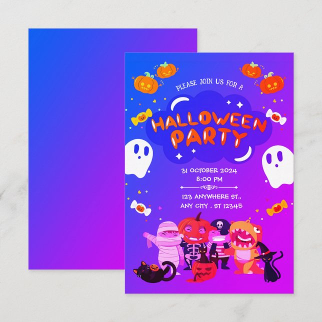 Convite Shivers & Shenanigans: Um Halloween Roxo e Azul (Frente/Verso)
