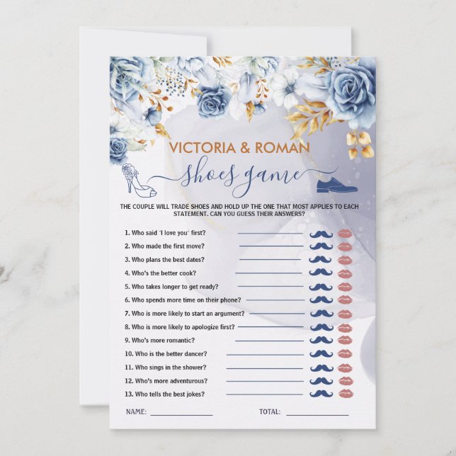 Convite Shoes Game Elegant Blue Floral Bridal Shower Card (Frente)