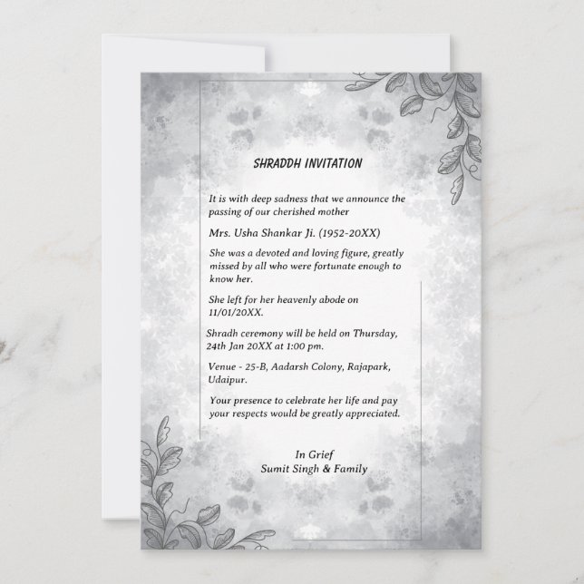 Convite Shok Sandesh Hindu Shraddh (Frente)