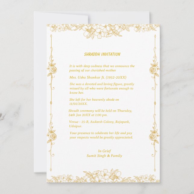 Convite Shok Sandesh Hindu Shraddh (Frente)
