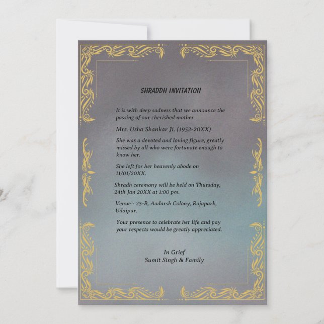 Convite Shok Sandesh Hindu Shraddh (Frente)