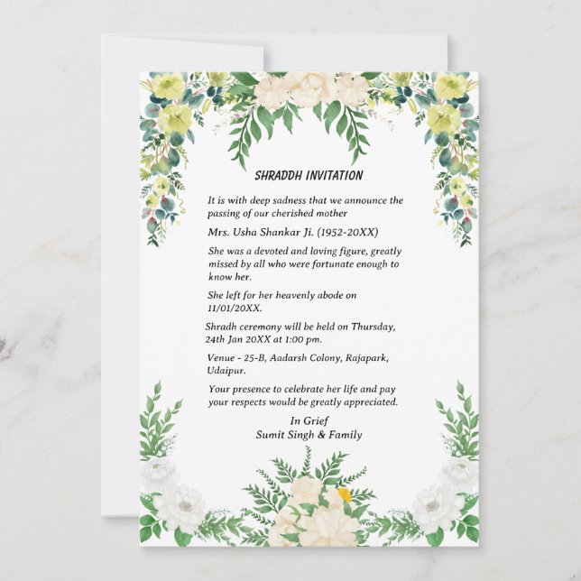 Convite Shok Sandesh Hindu Shraddh (Frente)