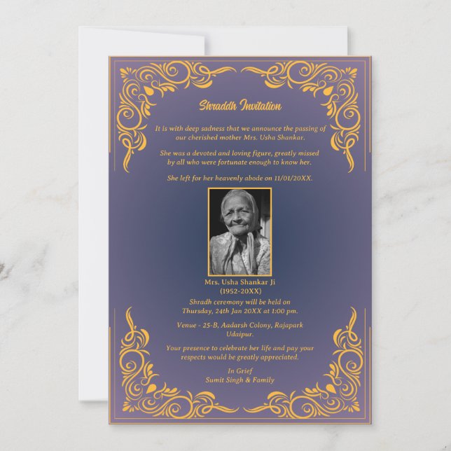 Convite Shok Sandesh Hindu Shraddh (Frente)