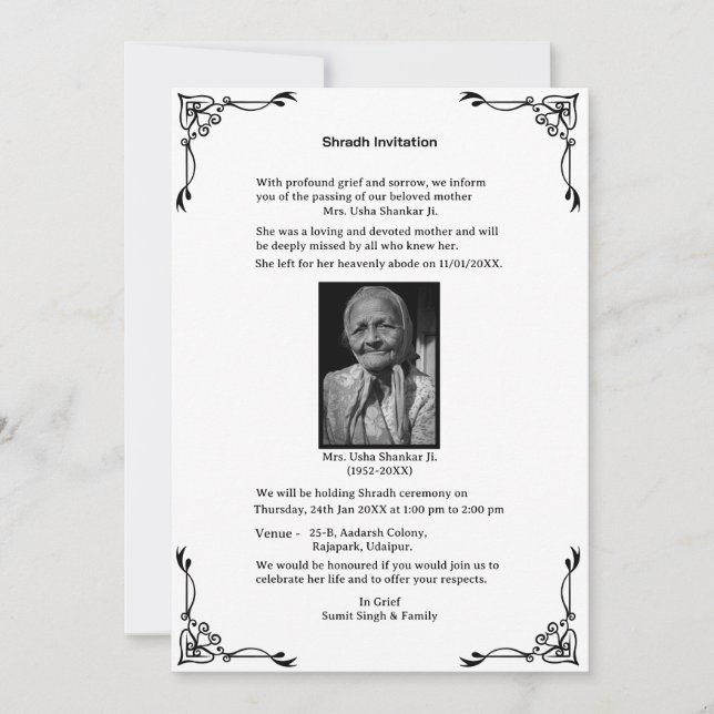 Convite Shok Sandesh Hindu Shraddh (Frente)