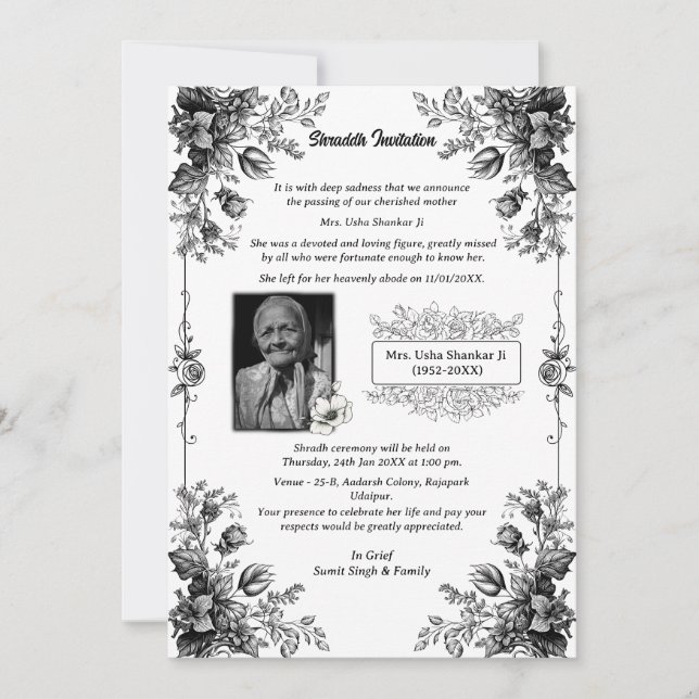 Convite Shok Sandesh Hindu Shraddh (Frente)