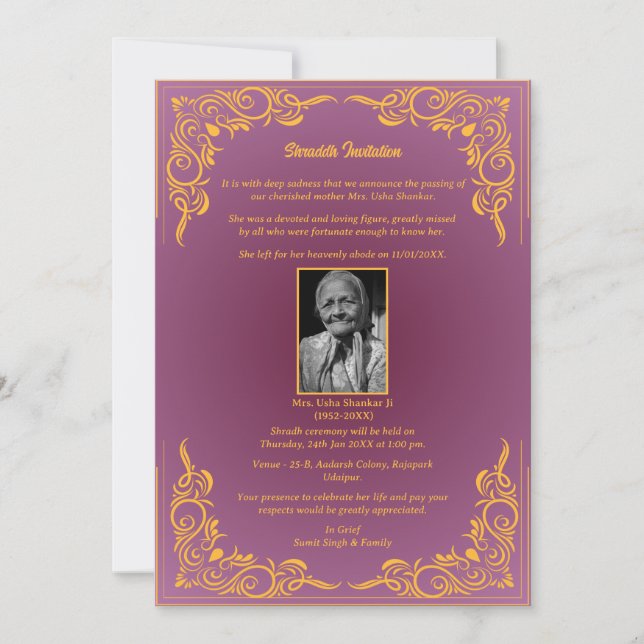 Convite Shok Sandesh Hindu Shraddh (Frente)