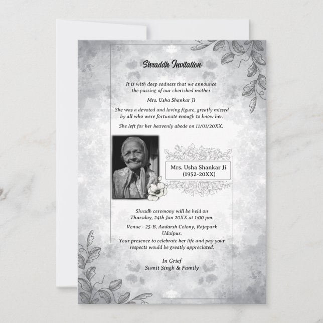 Convite Shok Sandesh Hindu Shraddh (Frente)