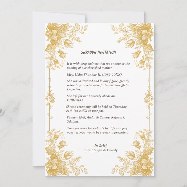 Convite Shok Sandesh Hindu Shraddh (Frente)