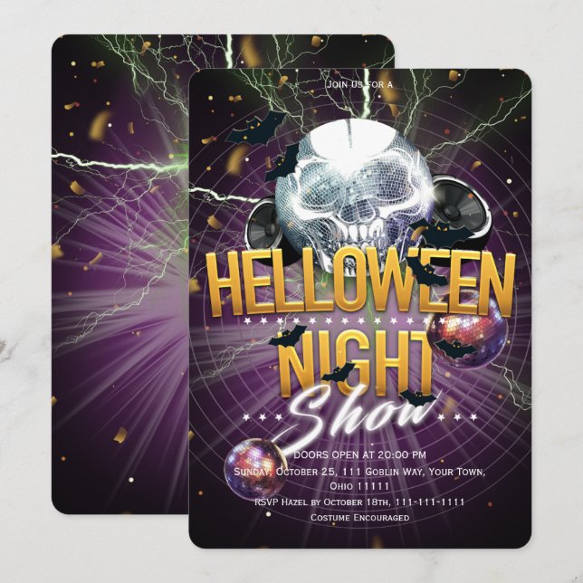 Convite Show da Noite de Halloween Disco Caveira (Frente/Verso)