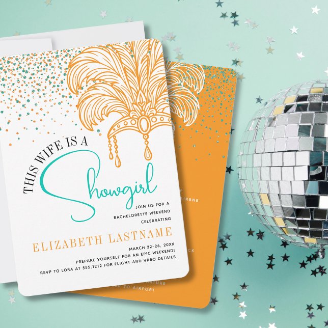 Convite Showgirl Node Era Orange Teal Festa de solteira (Showgirl Bride Era Orange Teal Bachelorette Party Invitation)