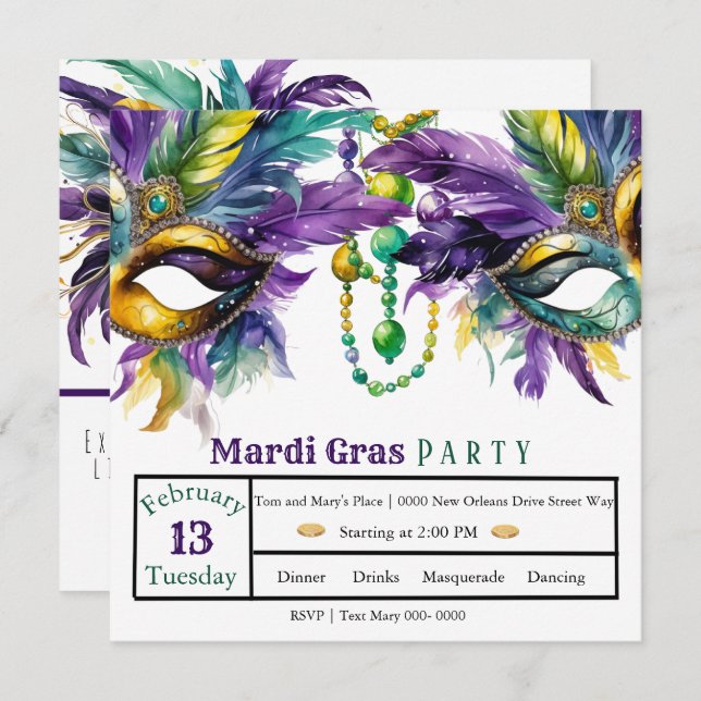 Convite Shrove Terça e Mardi Gras Party (Frente/Verso)