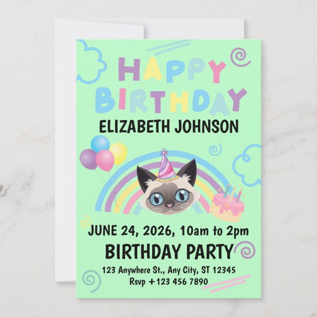 Convite Siamese Cat Birthday Invitation in Green (Frente)