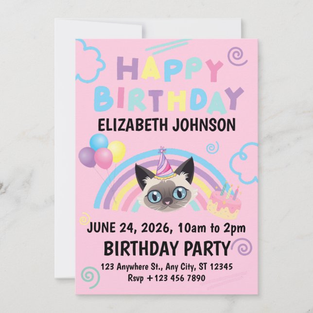 Convite Siamese Cat Birthday Invitation in Pink (Frente)