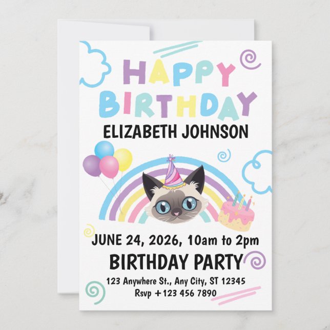 Convite Siamese Cat Birthday Invitation in White (Frente)