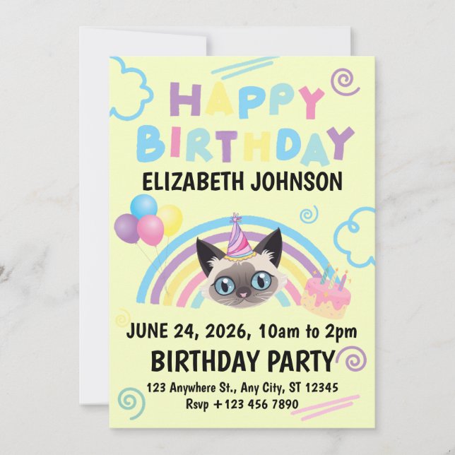 Convite Siamese Cat Birthday Invitation in Yellow (Frente)