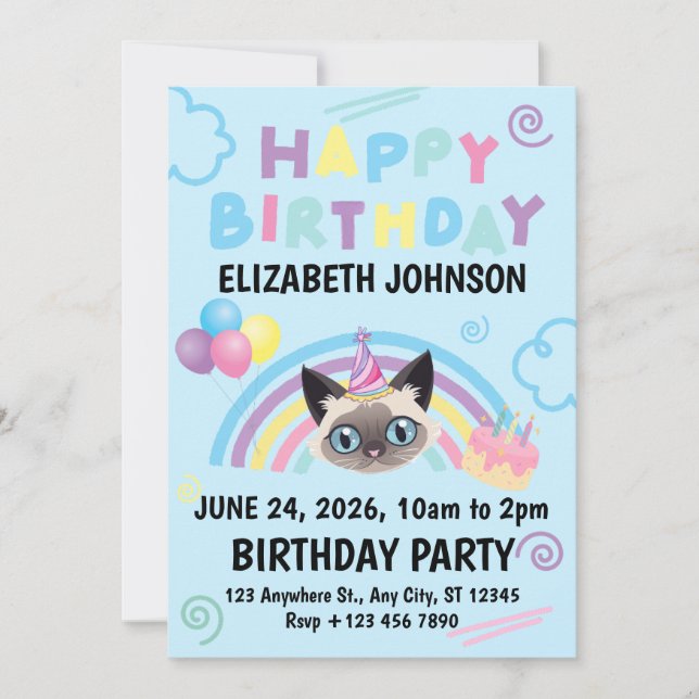 Convite Siamese Cat Birthday Party Invitation Blue (Frente)
