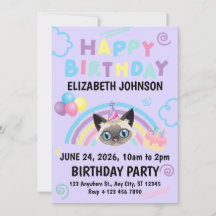 Siamese Cat Birthday Party Invitation Purple