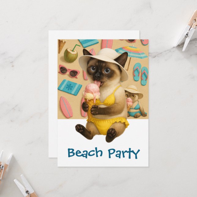 Convite Siamese Cat is licking Ice cream  beach Party (Frente/Verso In Situ)